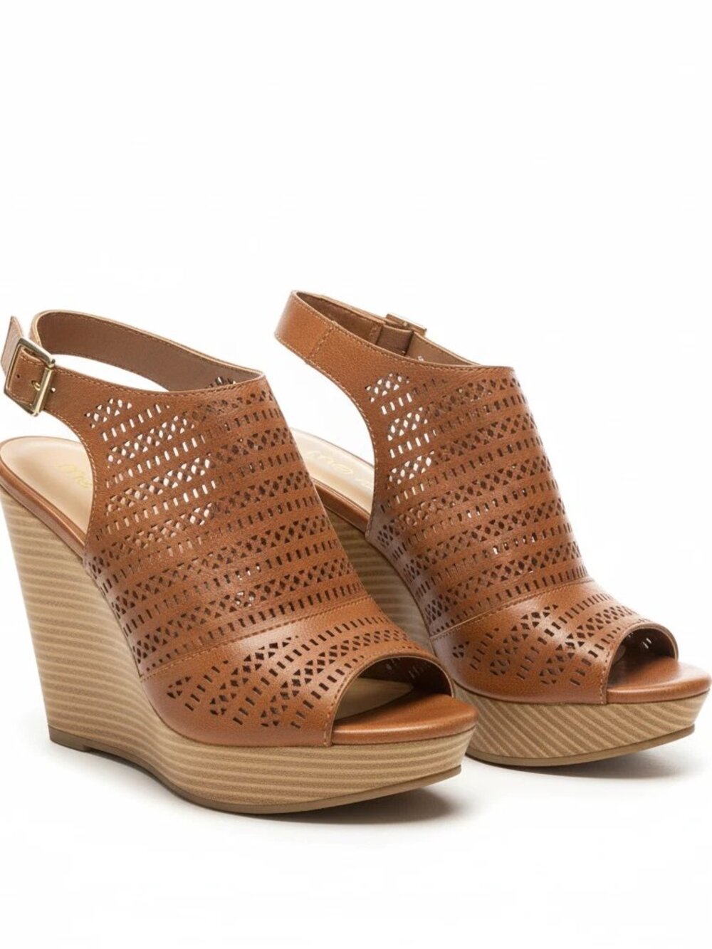 Me Too Maia Brown Laser Cut Wedge Sandals 8.5 Boho Peep Toe Slingback Platform